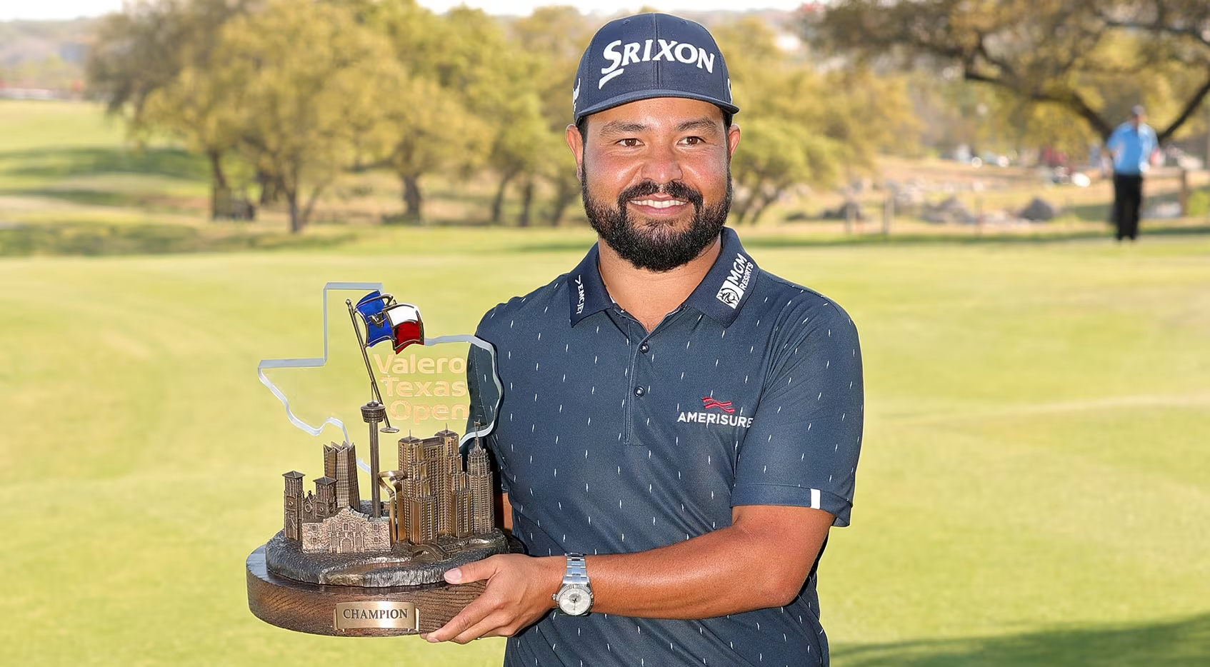 Valero Texas Open Champion J.J. Spaun and trophy made by Malcolm DeMille